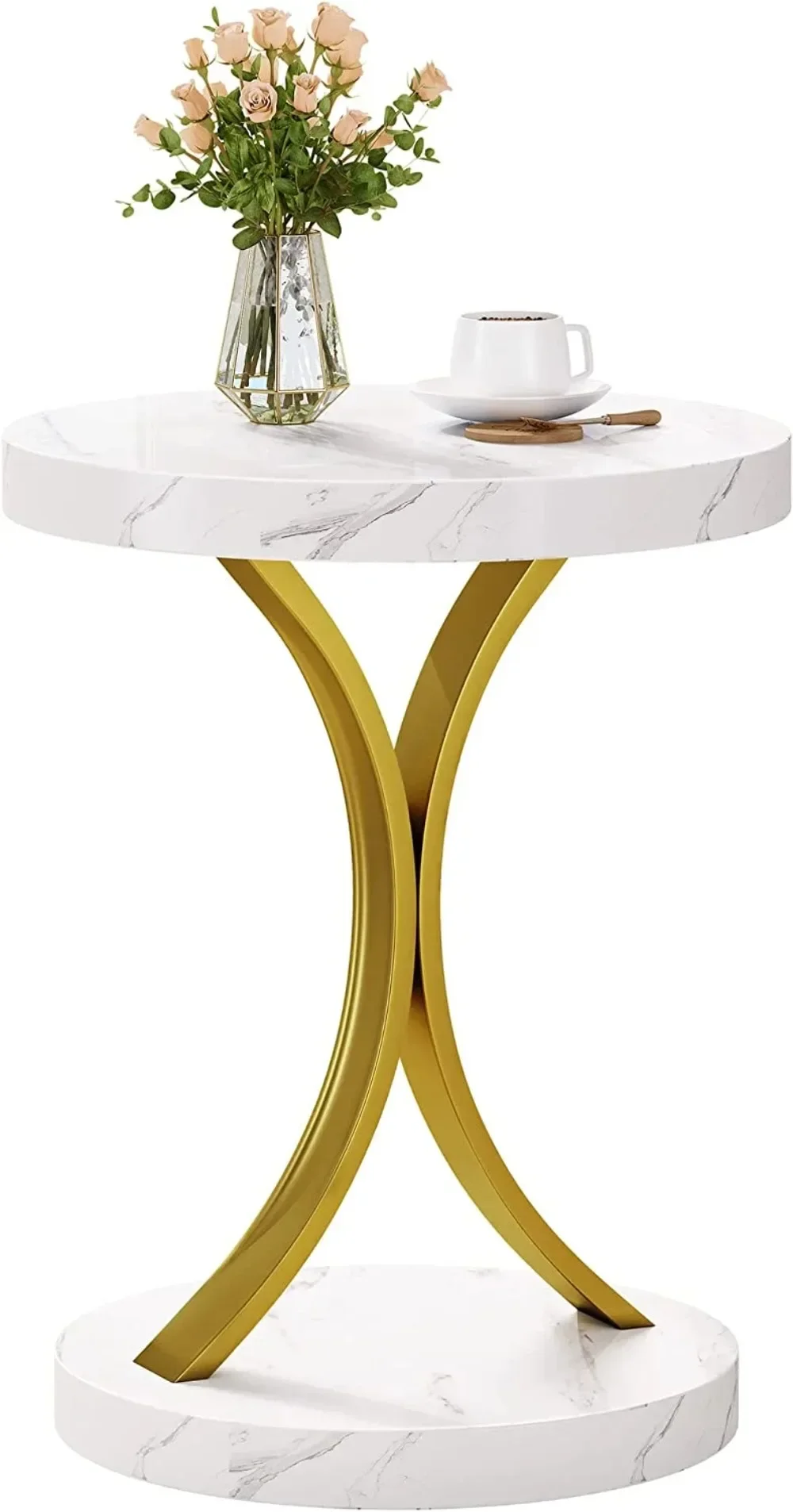 

Modern Gold Round Side Table with Faux Marble Top Gold Metal Frame, Small End Table Accent Table Nightstand Living Room Bedroom