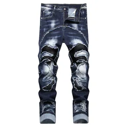 Men Patchwork Denim Jeans Holes Ripped Distressed Dark Blue Stretch Pants Casual Fringe Slim Straight Trousers