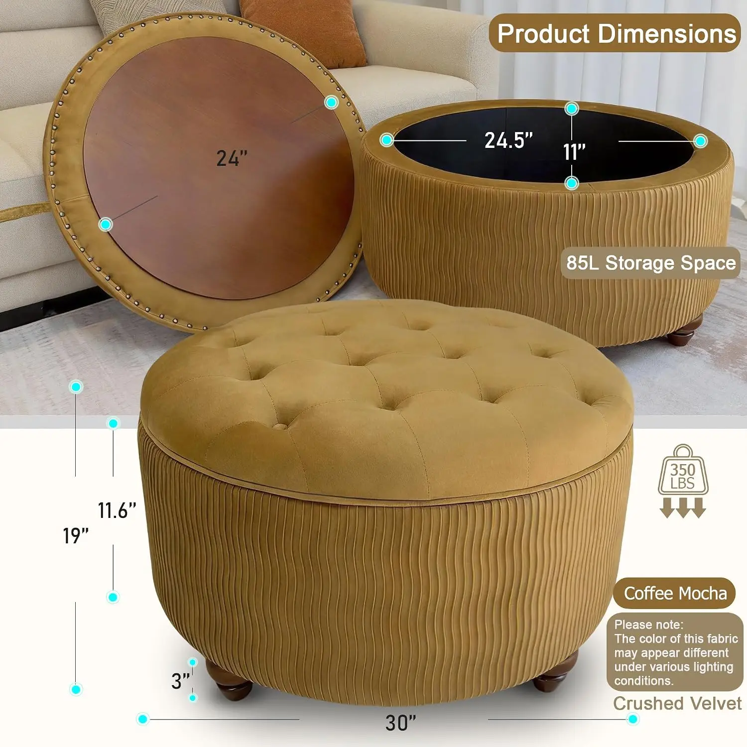 30 Inch Round Storage Ottoman with Lift Off Lid, Upholstered Footrest Extra Seat Hidden Storage for Living Room Bedroom, Customi