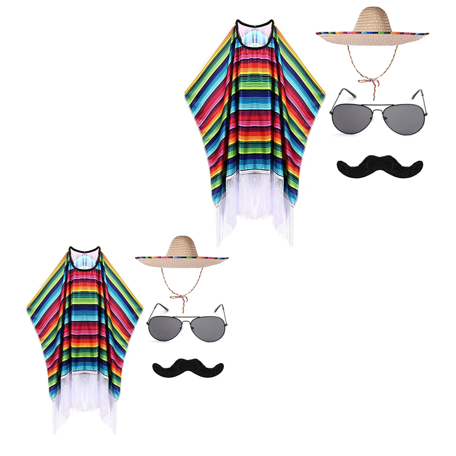 

Adult Kids Halloween Mexican Fiesta Costumes Mexican Cosplay Costume Colorful Cloak Poncho Sombrero Hat Sunglasses Mustache Sets