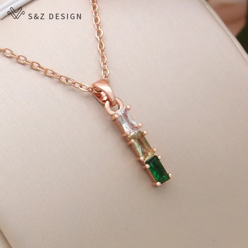 S&Z DESIGN New Fashion Rectangle Gradation Cubic Zirconia Pendant Necklace For Women Party 585 Rose Gold Color Jewelry Gift