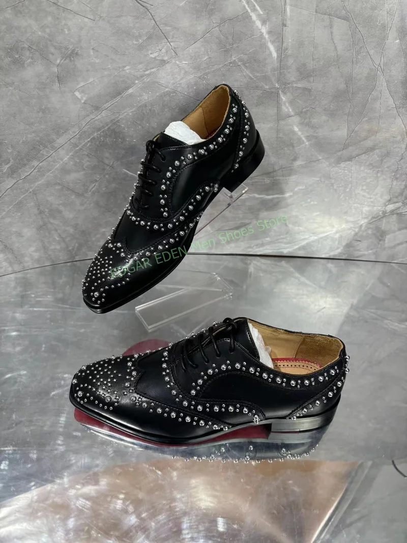 Luxury Rivet Decoration Men\'s Genuine Leather Shoes Cool Square Toe Lace Up Dress Wedding Party Black Single Shoes For Male