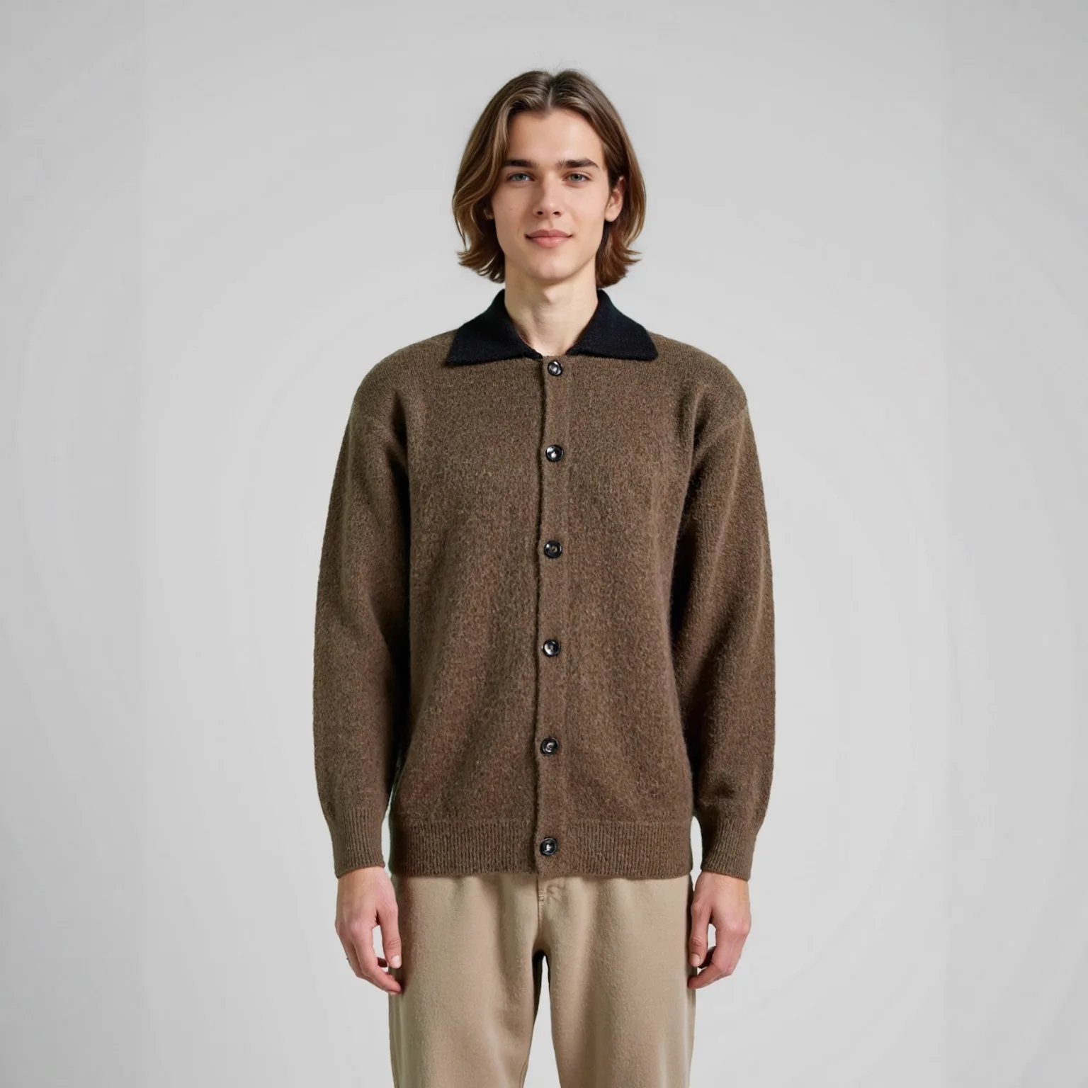 

Men's Mohair Brushed Knit Cardigan - Brown (Army Green) High Color Fastness | Loose Fit Autumn Winter Style​ Christmas