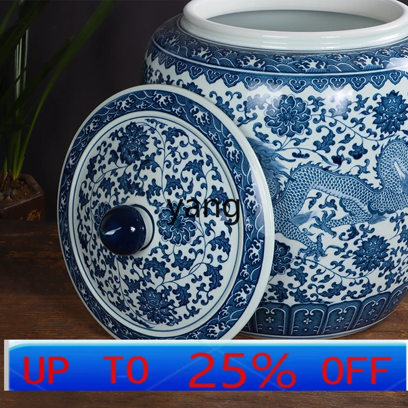 LHH underglaze antique blue and white double dragon pattern ceramic storage tank rice surface water oil tank