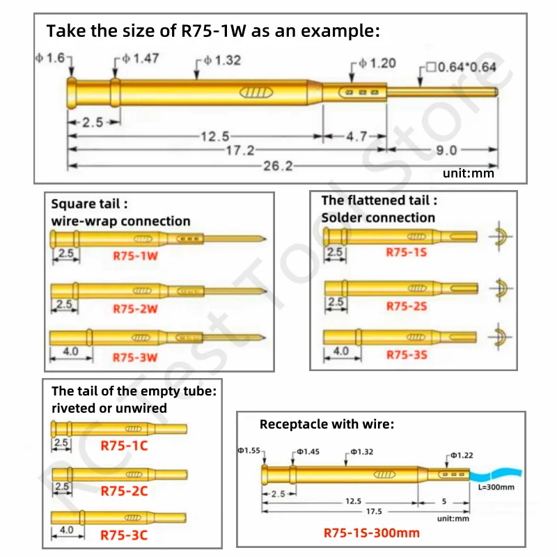 100PCS R75 Receptacle Test Pin P75-B1 Brass Tube Needle Sleeve Seat Probe Sleeve Length 17.5 26.5mm Dia 1.32mm R75-2W 3W R75-2S
