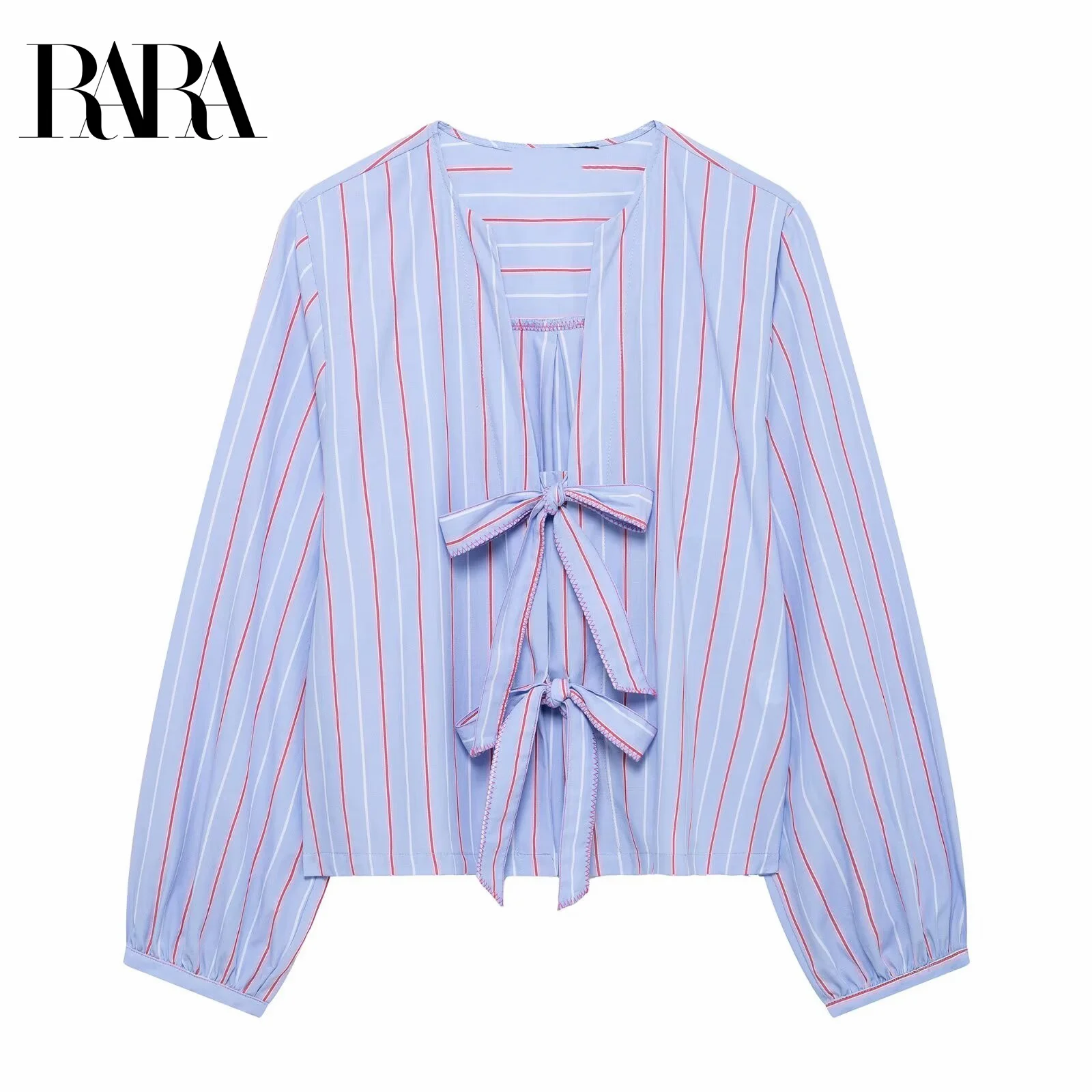 

RARA 2025 Women’s Long Sleeve Striped Back Bow Detail Button Front Blouse for Casual Daily Wear