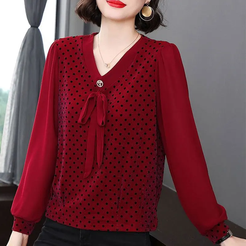 Blusa feminina estampada em bolinhas, camisa coreana com cordão, elegante com decote em v, camisa casual solta, roupas de deslocamento, primavera,