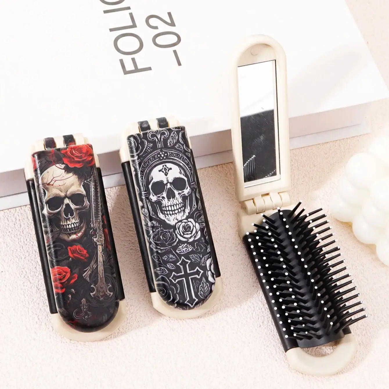 Peigne à cheveux pliant à motif de croix de fleur squelette, 1 pièce, avec miroir intégré pour un peignage et un coiffage doux