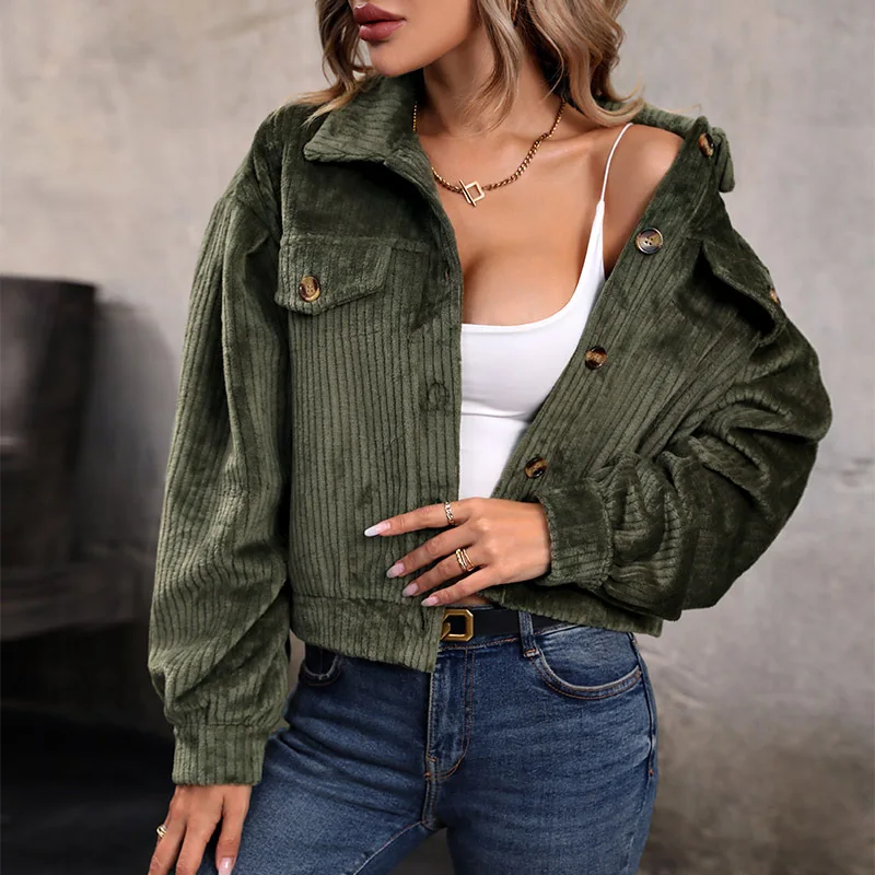 

Autumn Corduroy Loose Jacket for Women Turn Down Collar Long Sleeve Casual Bomber Jacket with Pockets Female Fashion Warm Coats