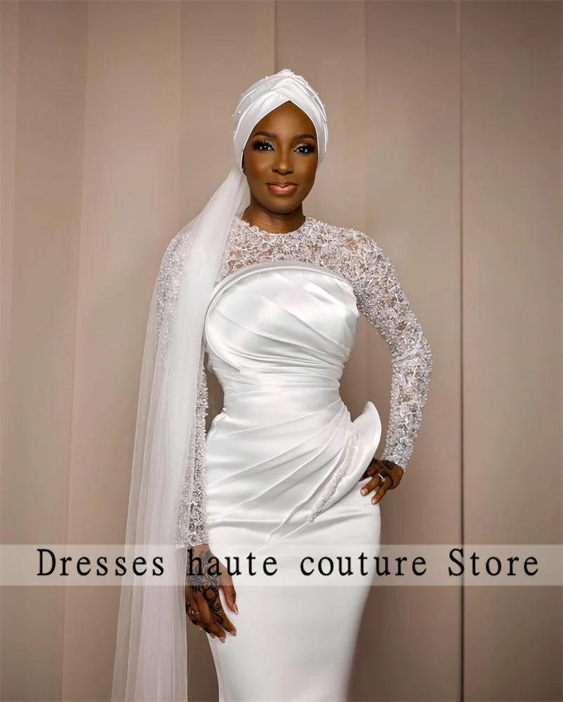 Customized Aso Ebi Beaded Lace Mermaid Wedding Dresses Women 2025 Long Sleeves Pleat Nigeria Girl Bridal Gowns