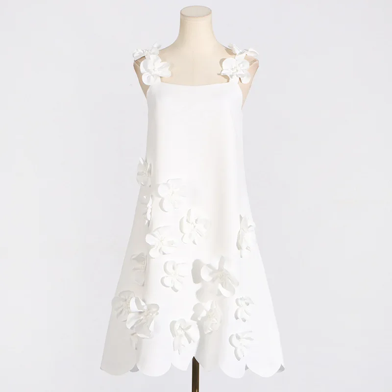 

Small Fragrance White Sling Short Dress Women Summer New 3D Flower Collage Slim Solid Sweet Wedding Party Mini Dress Female