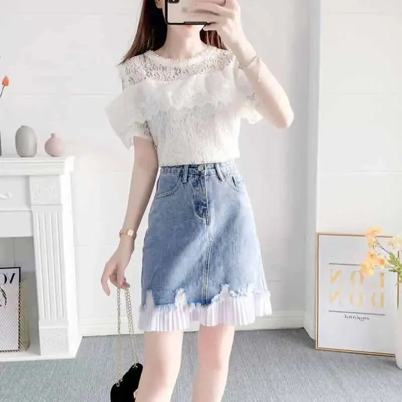 Women\'s Two Piece Set Denim Female Outfits Short Sleeve Lightly Cooked Skirt Luxury Designer Clothing Top and Bottom Co Ord Full