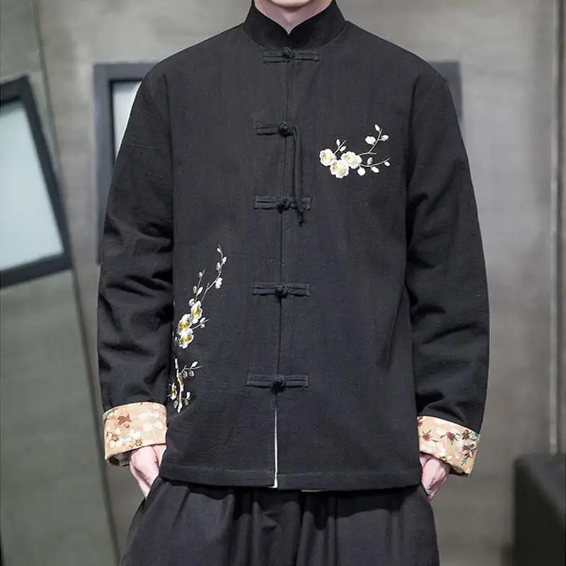 

New Chinese Sle Plum Blossom Embroidery Linen Spring Autumn Men's Jaet Tang Costume Hanfu Coat Breathable Youth Faion