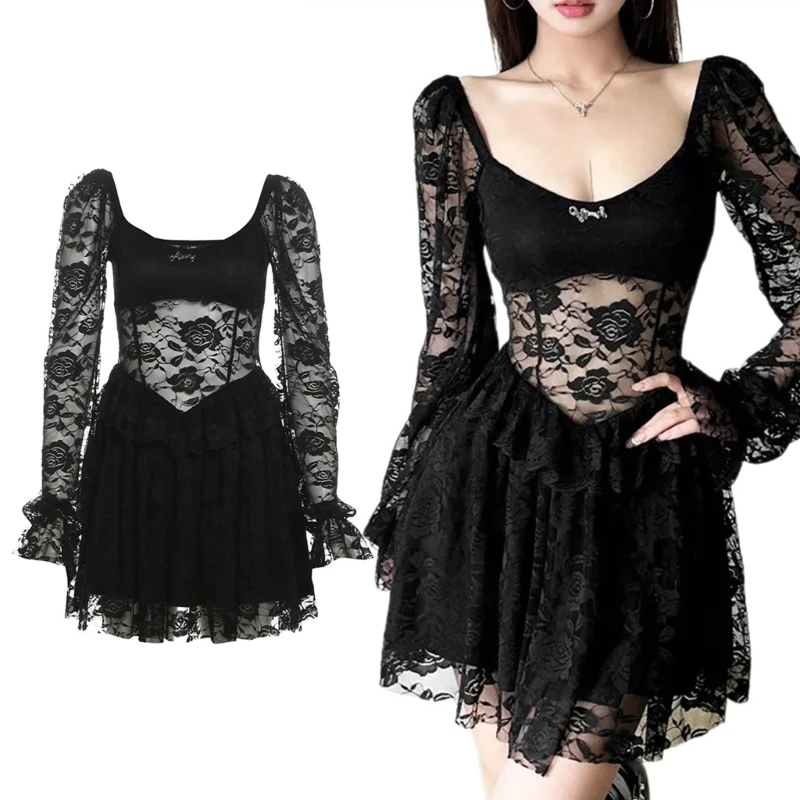 Elegant Long Puff Sleeve Mesh High Waist Ruffle A Line Dress for Women Aesthetic Sheer Flower Lace Overlay Short Dress