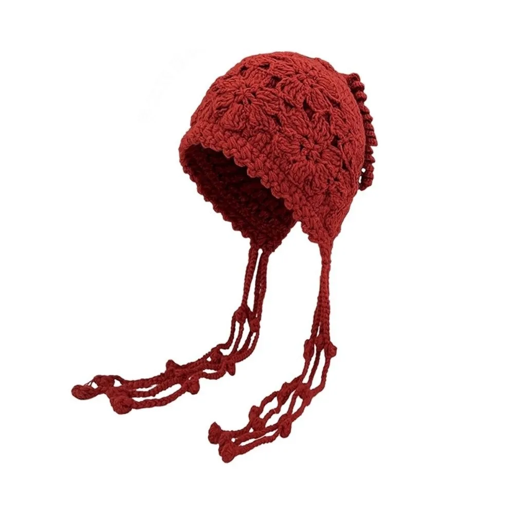 New Flower Knitted Crochet Hat Hollowed Out with Tassels Mesh Pullover Hat Braided Ear Protector Ear Flap Beanie Women