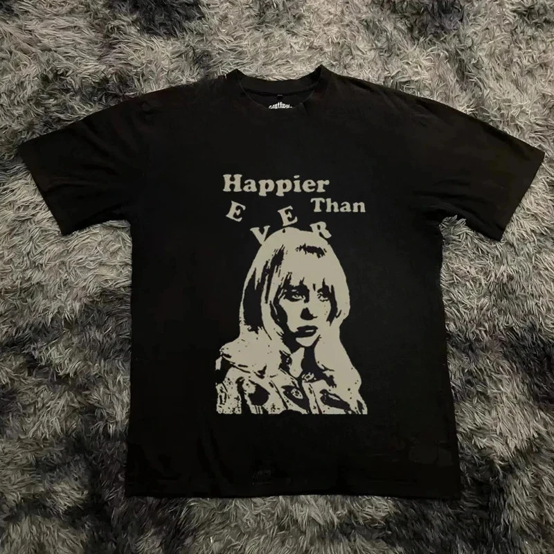 Billie Eilish Happy Than Ever Y2K T-shirt Men's Retro T-shirt Summer New Casual Fashion Men's and Women's Same Style