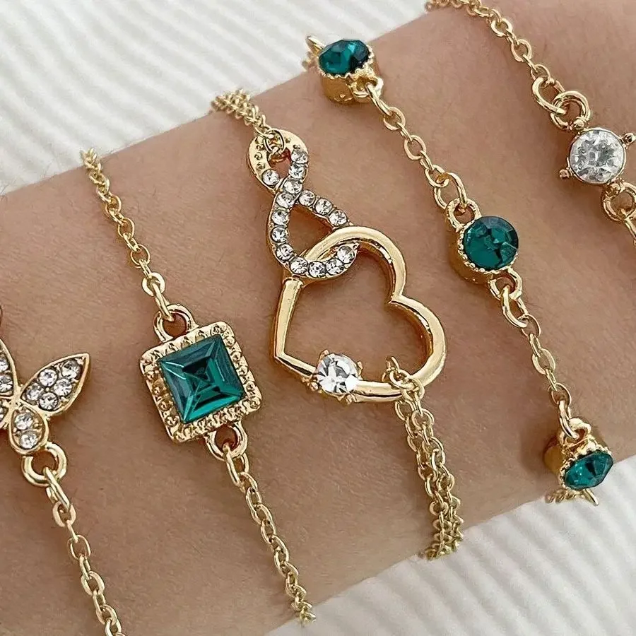 5 PCS Set Hallow Out Heart Green Crystal Stone Bracelet Set For Women Gold Color Lovely Butterfly Rhinestone Girls Bracelet Set