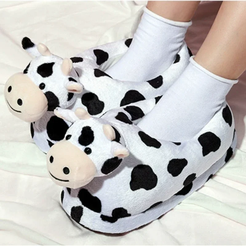 2023Cute Animal Slipper for Women Girls Kawaii Fluffy Winter Warm Slippers Woman Cartoon Milk Cow House Slippers Funny Shoes