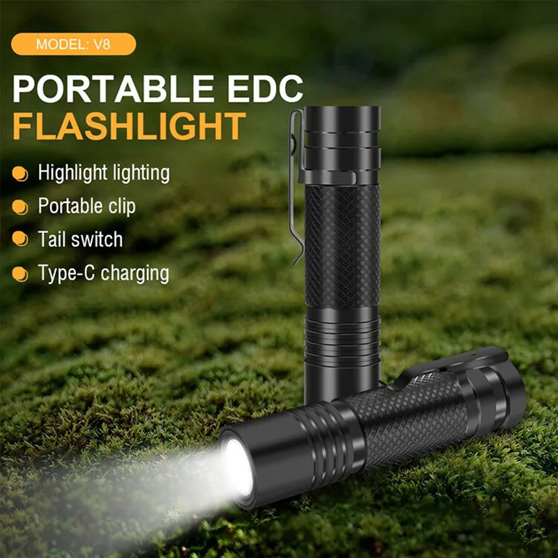 

V8 800 Lumens Strong Light EDC Portable LED Flashlight USB Rechargeable Built-in 18650 Battery Mini Torch Outdoor Emergency Lamp