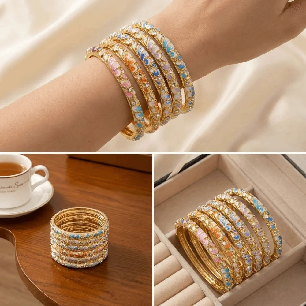 Rich Colors Light Luxury Court-style Bracelet Electroplating Craft Round Bangle Enamel Oil-drip Floral Bracelet Alloy Material