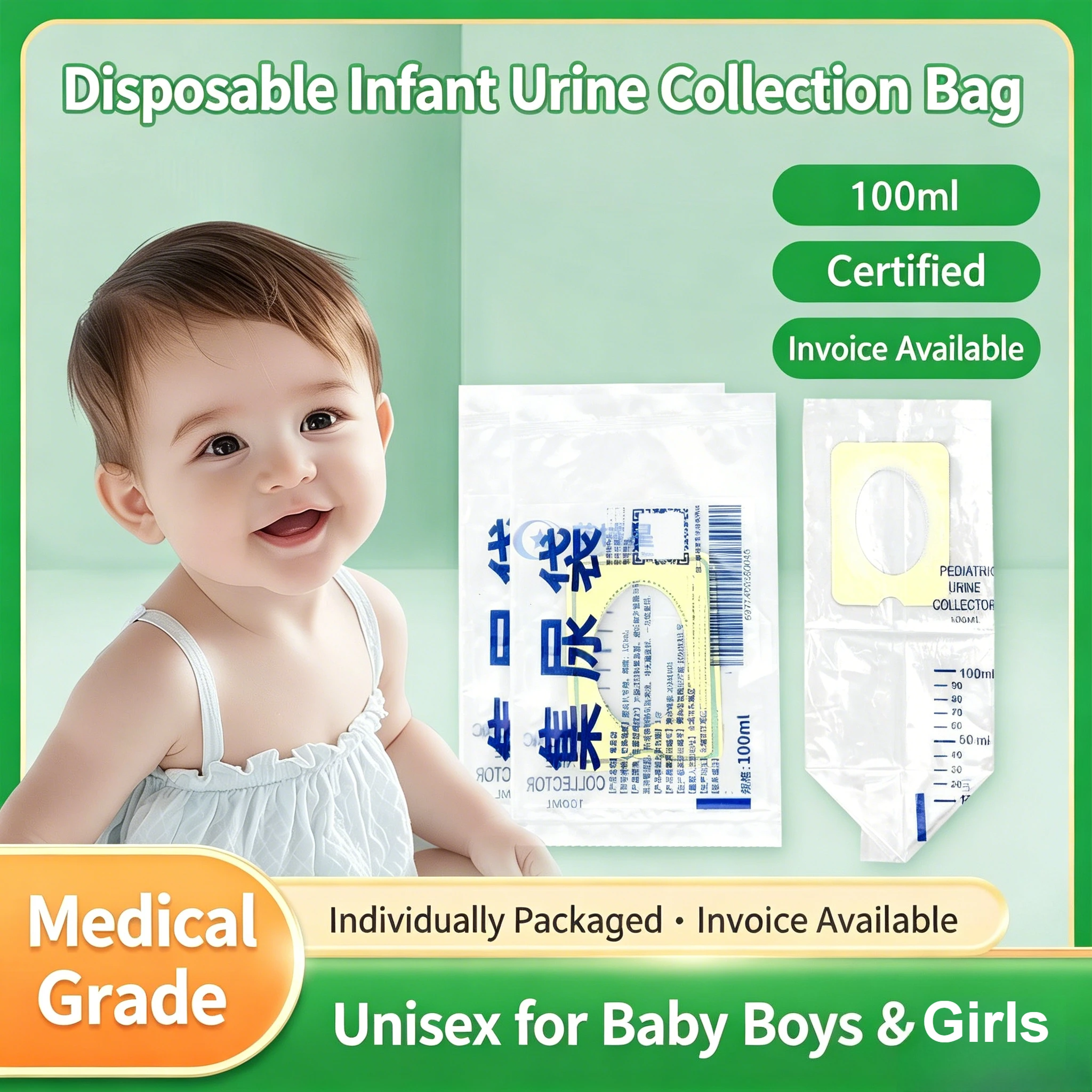 Disposable Infant Urine Collection Bag Medical Pediatric Urinary Drainage Unisex Toddler Child Adhesive Soft Safe Portable Easy
