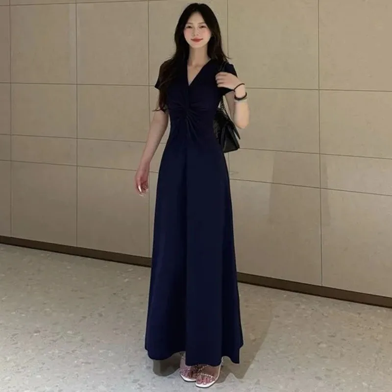 

French Woman Fashion Short Sleeves Big Swing Vestidos Summer Female V Neck Solid Color Long Dresses Ladies Stepmother Maxi Dress