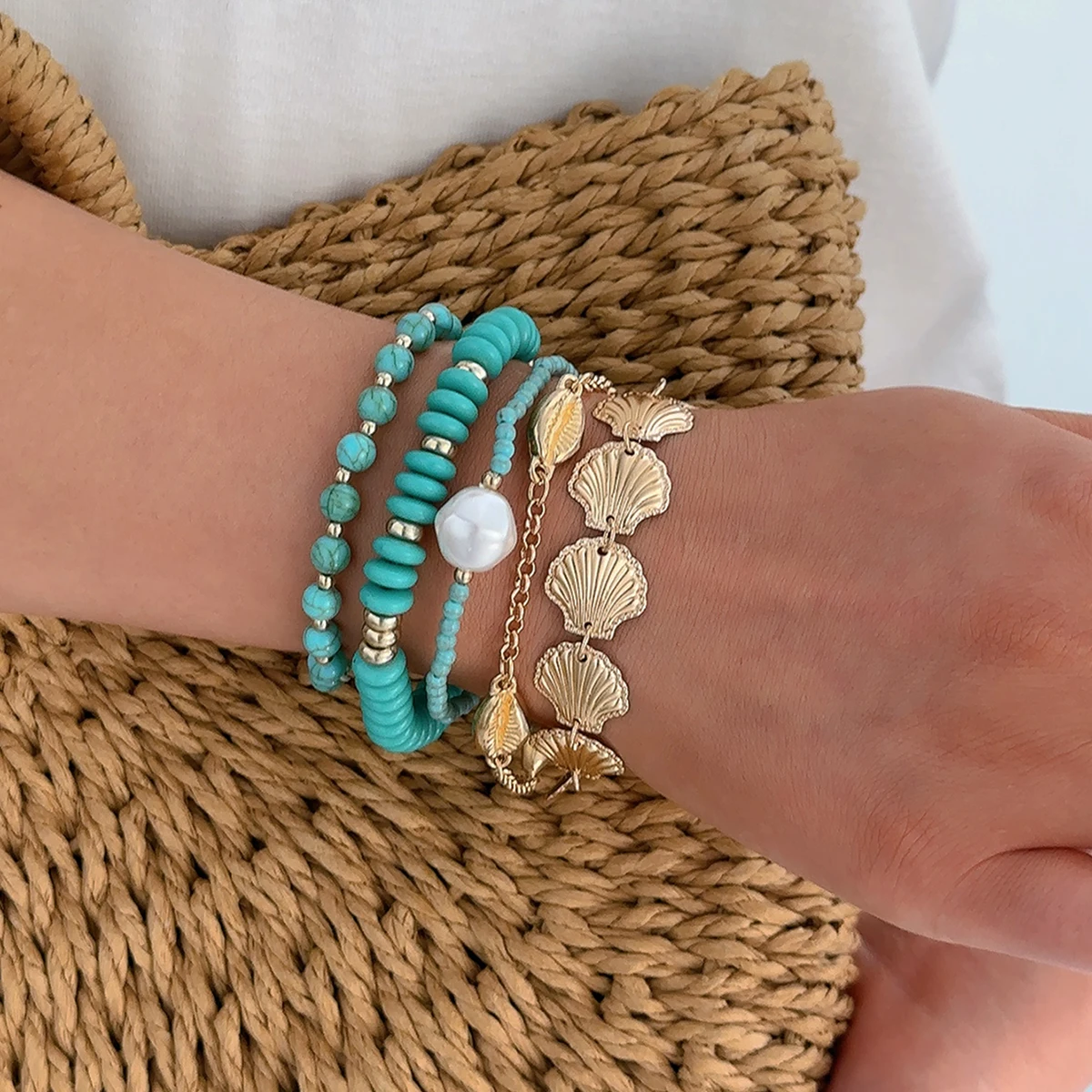 5pcs Turquoise Bead Shell Charm Bracelet Set With Freshwater Pearl For Women Boho Beach Stackable Jewelry Summer Vacation Gifts