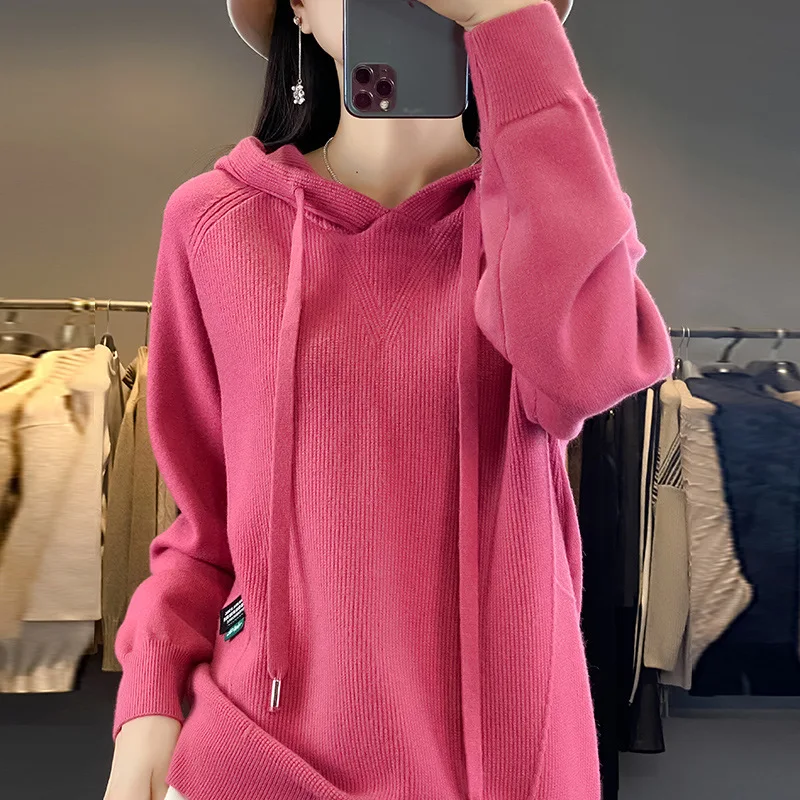 2025 Spring Autumn Hooded Sweater Women Fashion Drawstring Design Knitted Hoodie Korean Streetwear Solid Color Long Sleeves Tops