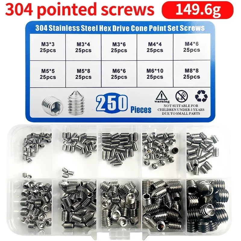 

250pcs/Box 304 Stainless Steel Hex Hexagon Socket Set Screws Cone Point Grub Screw M3 M4 M5 M6 M8