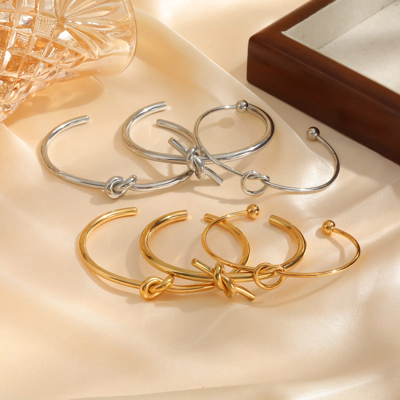 Dainty Knot Cuff Bracelet Bangles for Women, Gold Color Stainless Steel Bracelets, Trendy Wristband Jewelry Gift to Her