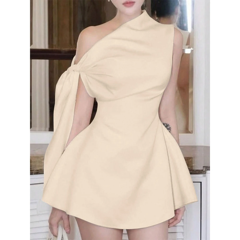 Fashionable Short Strapless Dress Women's Pure Color Single Shoulder Sleeveless Belted Bodycon Midi Dress Stylish Trendy Female