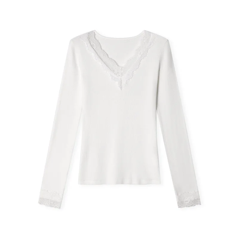 الصلبة الدانتيل المرقعة كم طويل تي شيرت مثير سليم المرأة الأعلى 2025 الربيع الصيف موضة جديدة الملابس الكورية نمط