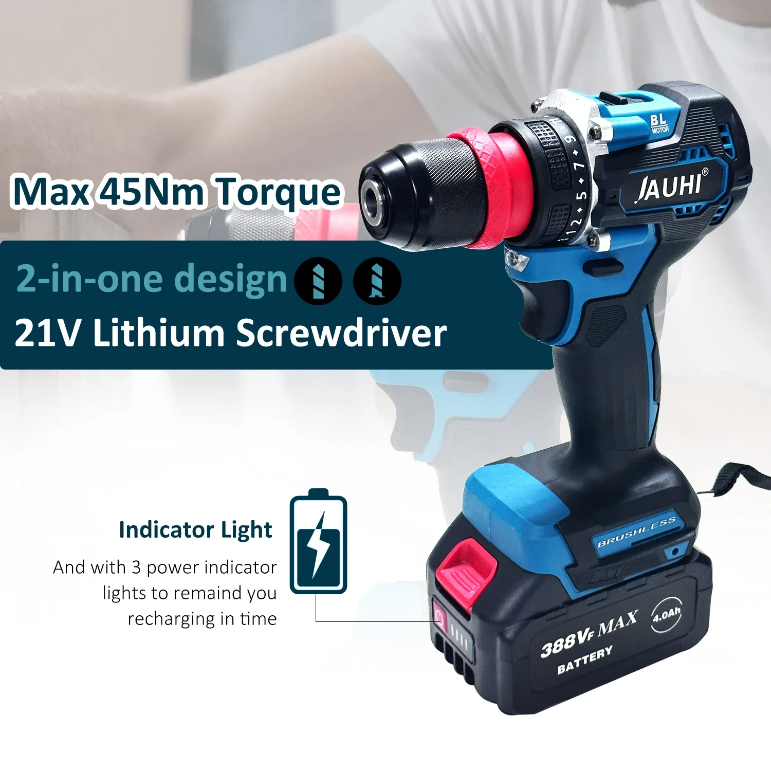 Imagem -03 - Jauhi-brushless Lithium Drill Chave de Fenda Elétrica Chave de Fenda Multifuncional Furadeira de Impacto Ferramentas Elétricas