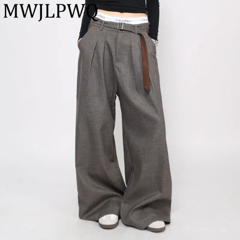 

MWJLPWQ American Retro Suede Color-Block Belt Trousers Men's Loose Straight High Street Wide-Leg Pants Couple Bottom New 21818