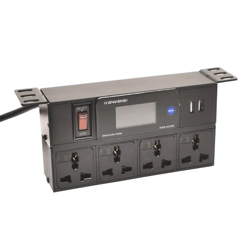 Hidden Desktop Extension Socket Digital Voltmeter Power Energy Meter with Switch 2USB 4Ways Universal Socket 2m Cord