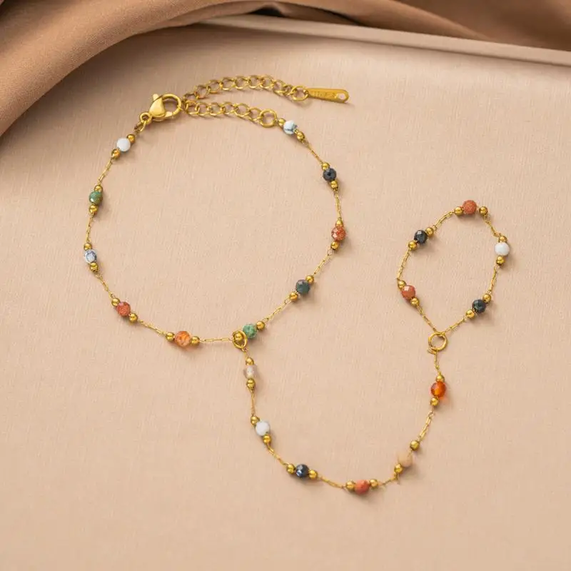 Süßes, farbenfrohes, mit Kristallperlen besetztes Blumenarmband aus Edelstahl in Goldfarbe, integrierte Finger- und Handgelenkskette für Damen, Schmuck – Detail 3