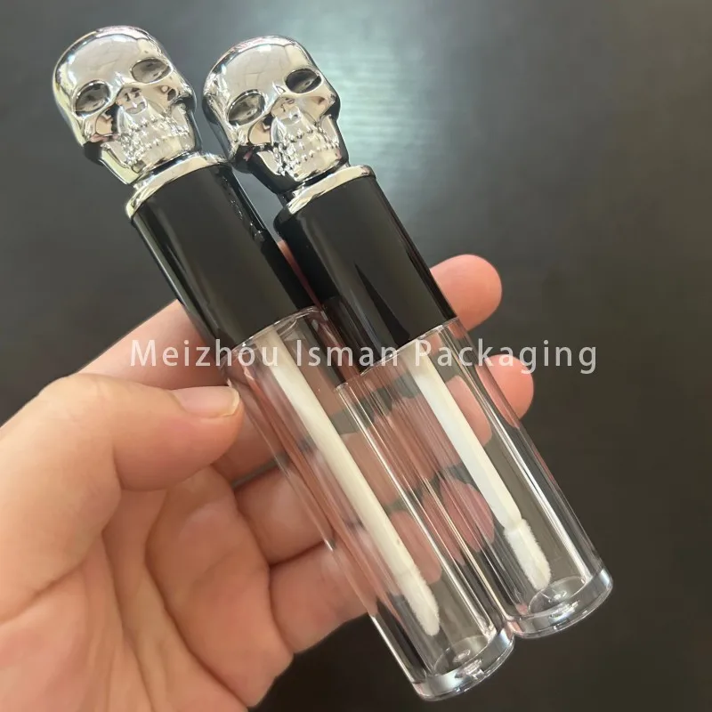 50pcs Halloween style unique silver skull Lip glaze empty tube human head lip gloss container empty bottle tubes 5ml 3ml