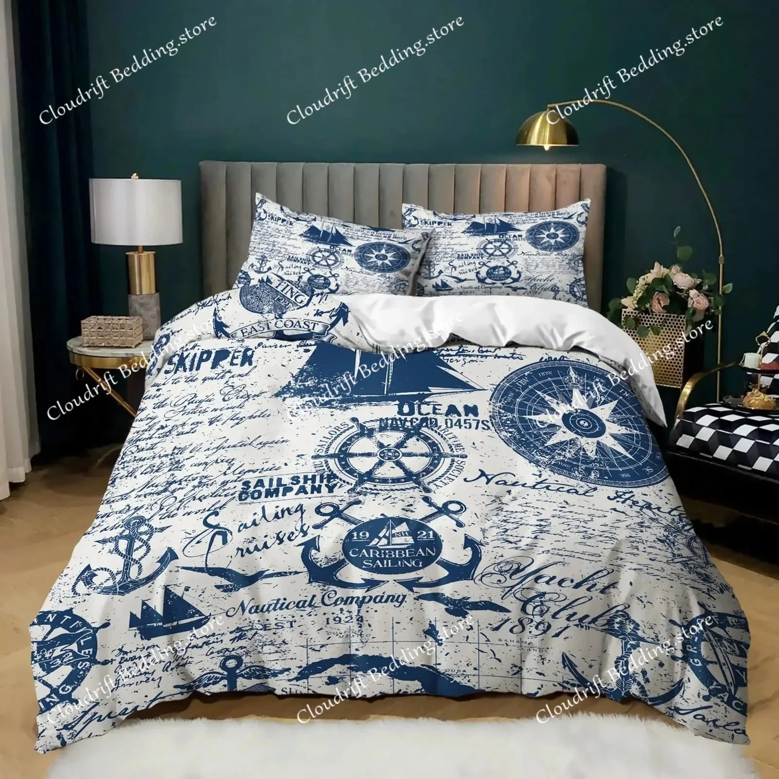 Nautical Bedding Set Full Size, Sailing Anchor Bed For Boys Teens,Ocea Comforter Cover Soft,Duvet Quilt Cover