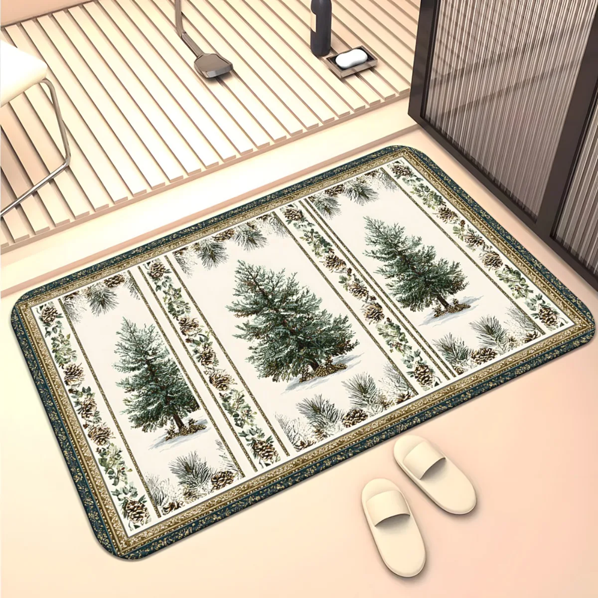 Vintage Christmas Pine Tree Area Rug, Retro Border Pinecone‑decorated Floor Decor, Non‑Slip Machine‑washable Ornament