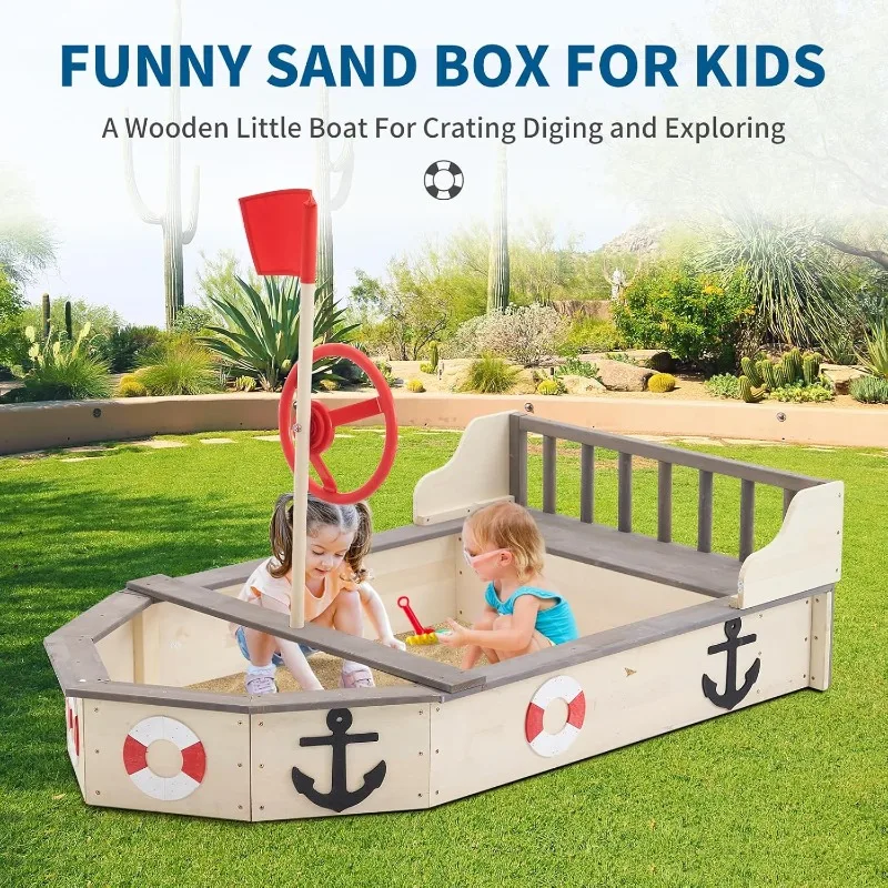 Large Wooden Sand Box Red Flag Rudder Lifebuoy Decoration Anchor Sign Bench Seats Storage Sand Pit for Beach Outdoor Light Wood