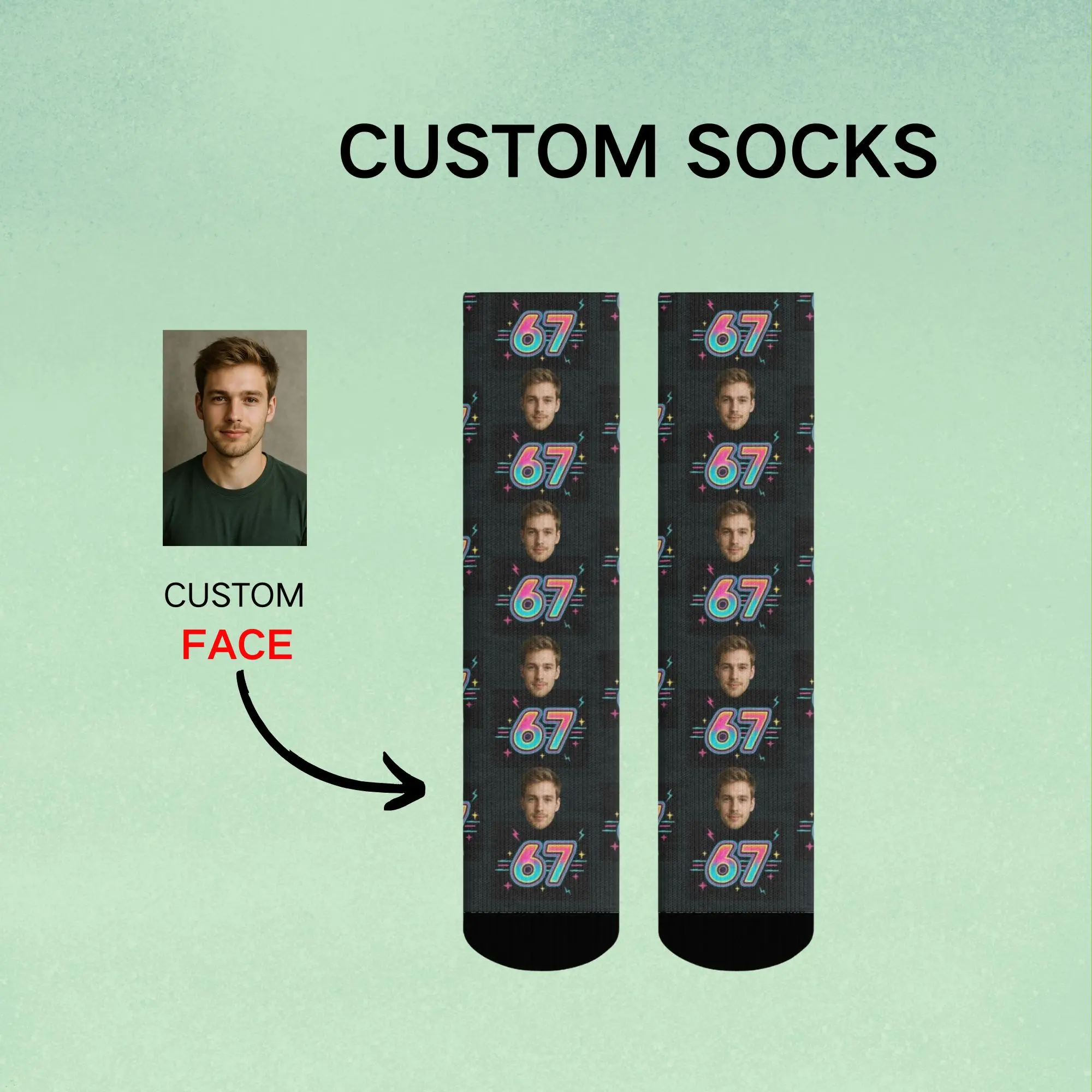 Chaussettes personnalisées avec photo, numéro 67, cadeau amusant pour hommes, femmes, couples, amis, chaussettes imprimées sur mesure uniques