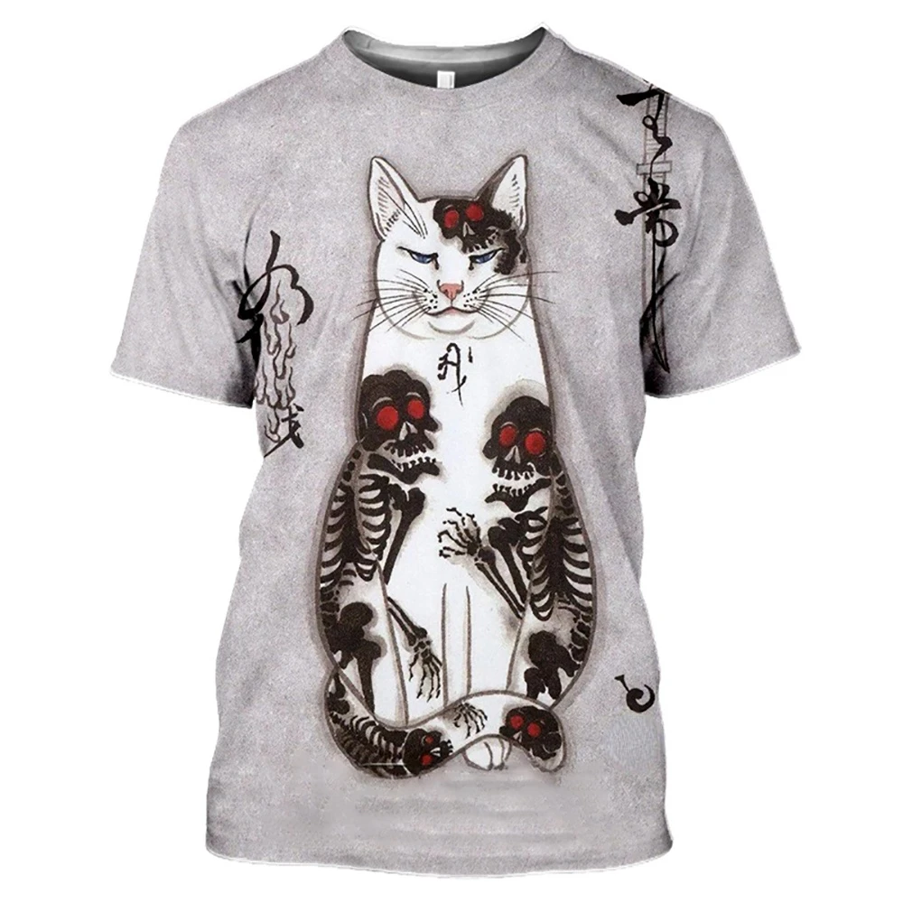 Japanese Samurai Cat Tattoo 3D Printed T-Shirt Men's Printed Shirt Summer Funny Casual Loose T-Shirt