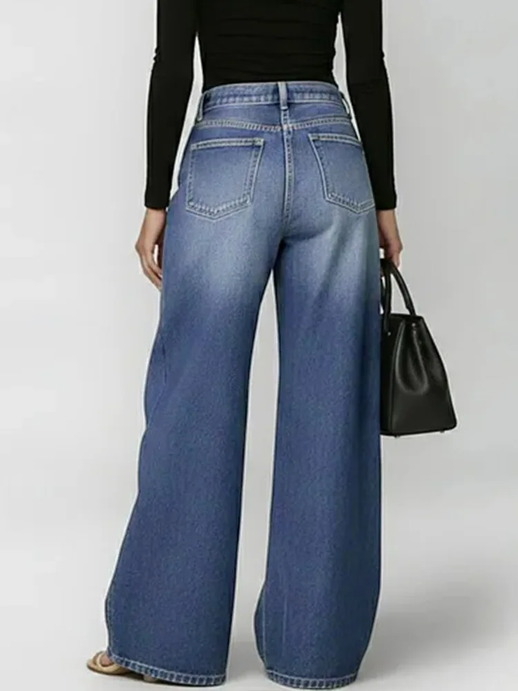 Women 2026 Washed Blue High Waist Wide Leg Jeans Loose Denim Pants With Side Metal Grommet Cutout Trendy Streetwear Trousers