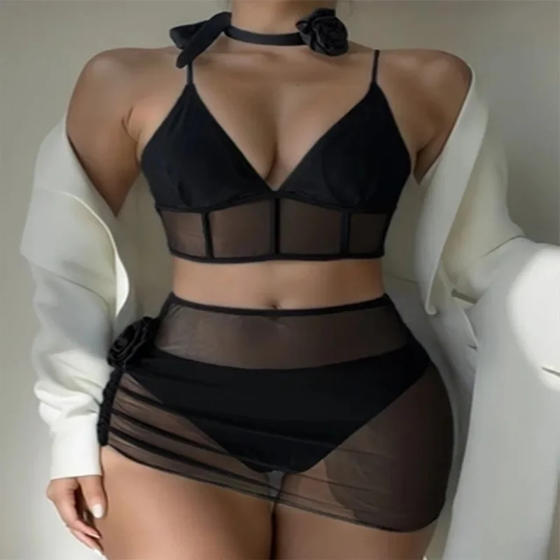 

Hot Sale Of The Season New Pure Color Triangle Cup Bikini Set Women's Mesh Beach Skirt Sexy Four-piece Swimsuit Casual Sportswea