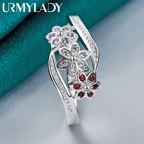 925 Sterling Silver Red Zircon Flower Ring For Women Wedding Charm Engagement Fashion Jewelry