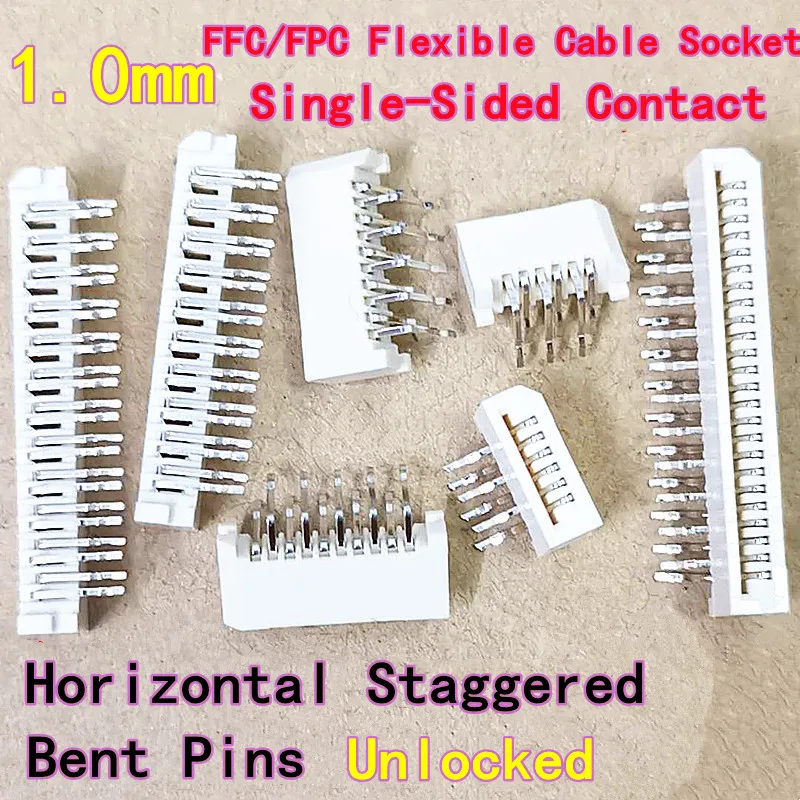 10PCS 1.0mm Pitch Single-Sided Contact Horizontal Mount Staggered Bent Pins Unlocked FFC/FPC Flexible Cable Socket Angled Plug