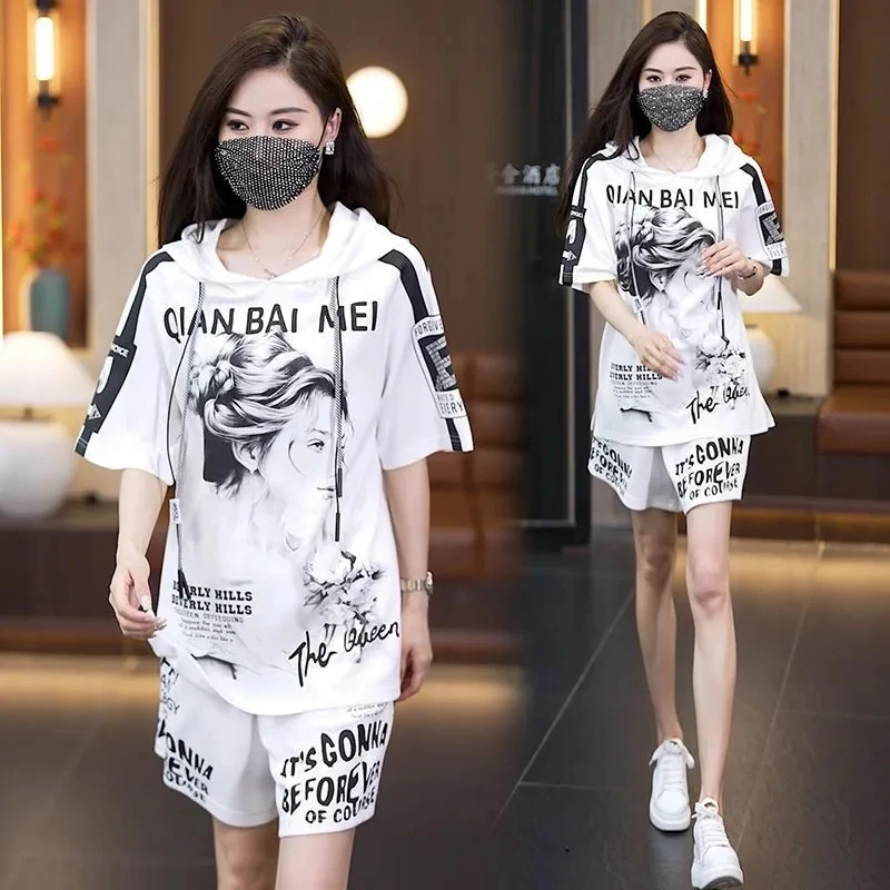 Fashion Printed Hooded Set For Women's Summer New loose Oversized T-shirt Top Shorts Casual Sports Two-piece set