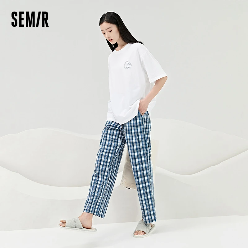 Semir Women Pajama Suit Fashion Letter Print Top Plaid Trousers Couple\'S Home Suit