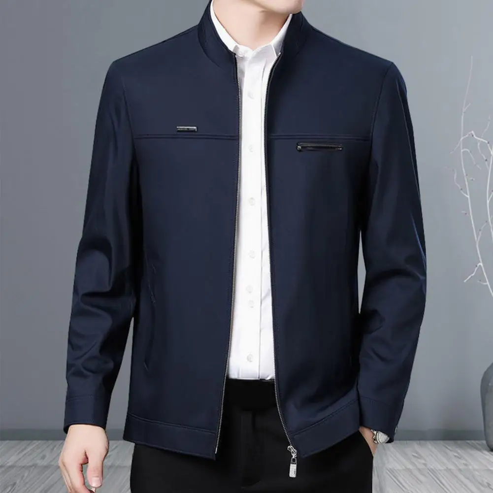 Men Spring Fall Coat Stand Collar Mid-aged Father Jacket Long Sleeve Warm Business Style Men Winter Jacket