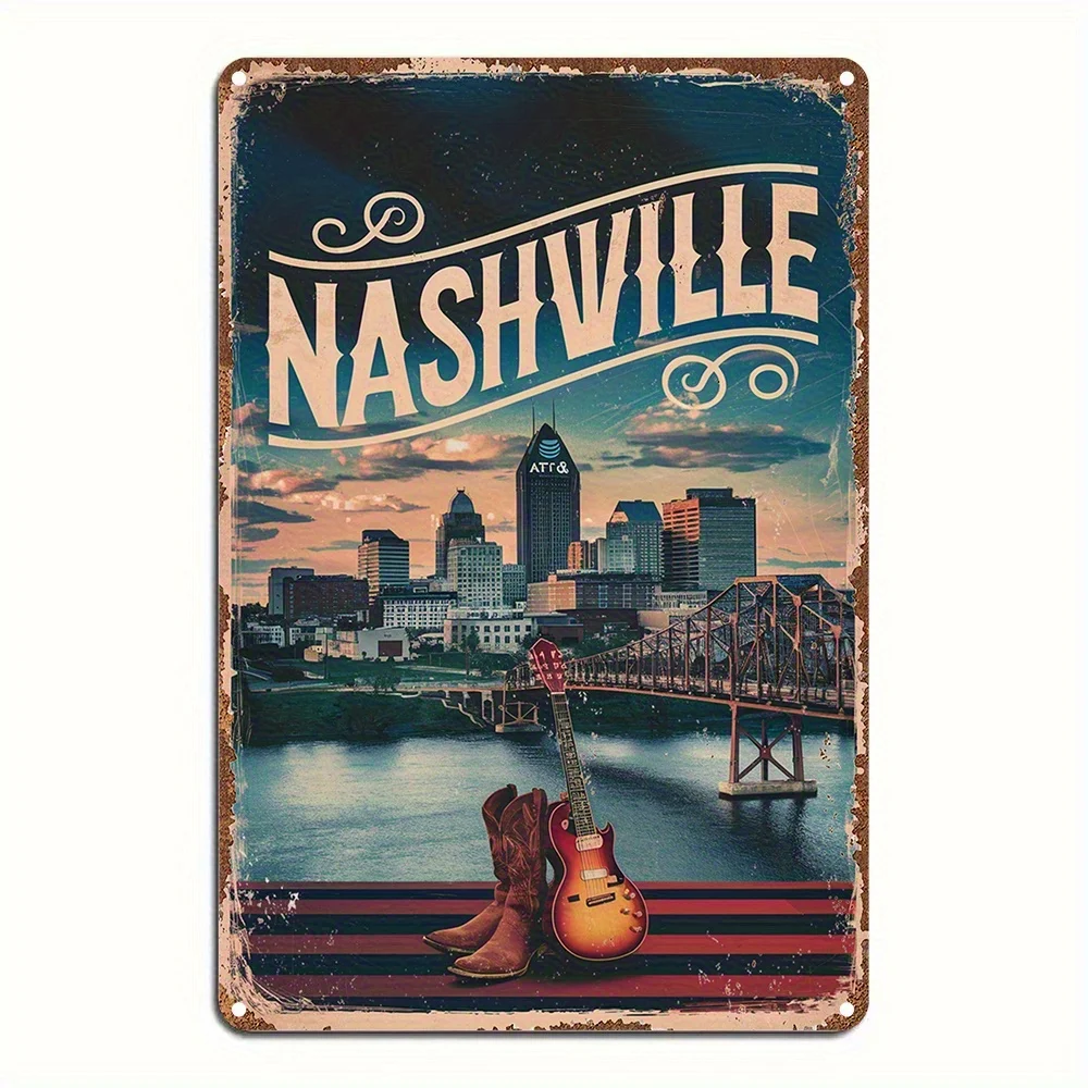 Vintage Nashville Tennessee Aluminum Tin Sign, 2D Flat Guitar Bridge Music City Wall Art for Man Cave Bar Garage Patio Decor